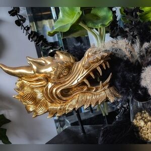 Gold Dragon Head Statue on Stand